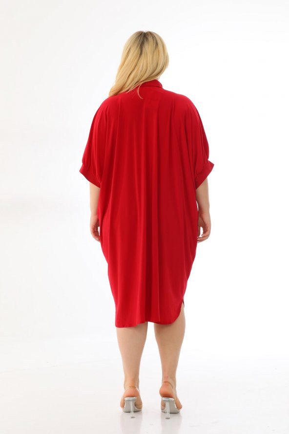 Kadın Büyük Beden Düğmeli Diz Boyu Midi Kısa Kollu Gömlek Elbise - 2