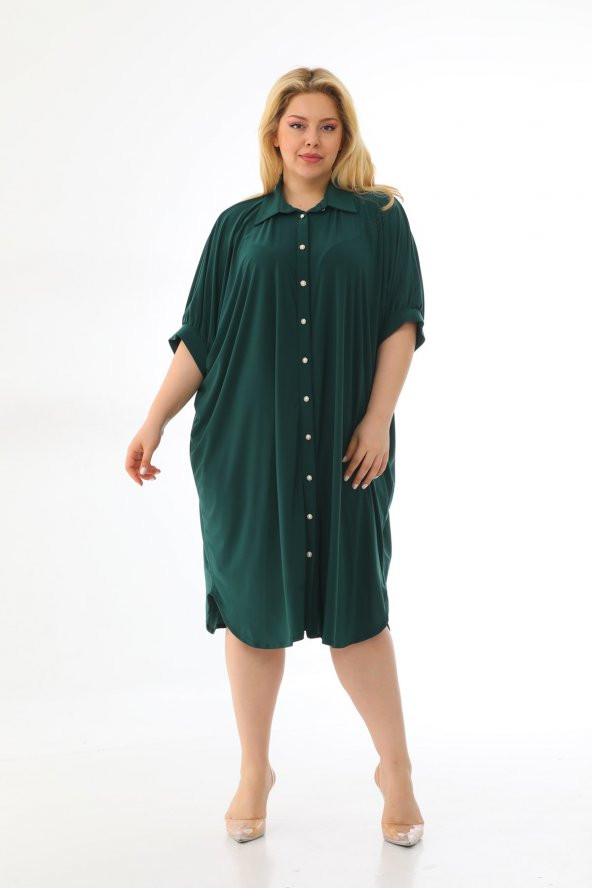 Kadın Büyük Beden Düğmeli Diz Boyu Midi Kısa Kollu Gömlek Elbise - 3