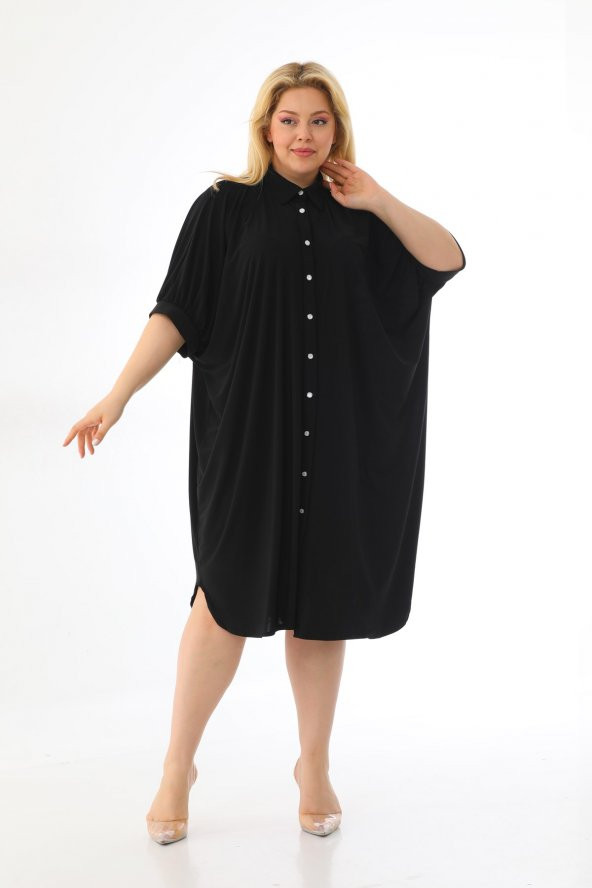 Kadın Büyük Beden Düğmeli Diz Boyu Midi Kısa Kollu Gömlek Elbise - 4