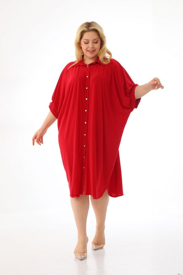 Kadın Büyük Beden Düğmeli Diz Boyu Midi Kısa Kollu Gömlek Elbise - 7