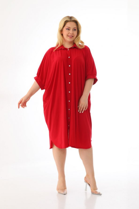 Kadın Büyük Beden Düğmeli Diz Boyu Midi Kısa Kollu Gömlek Elbise - 8