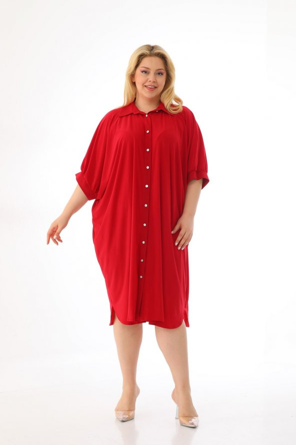 Kadın Büyük Beden Düğmeli Diz Boyu Midi Kısa Kollu Gömlek Elbise - 9