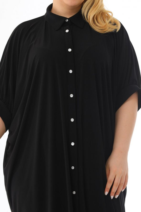 Kadın Büyük Beden Düğmeli Diz Boyu Midi Kısa Kollu Gömlek Elbise - 12