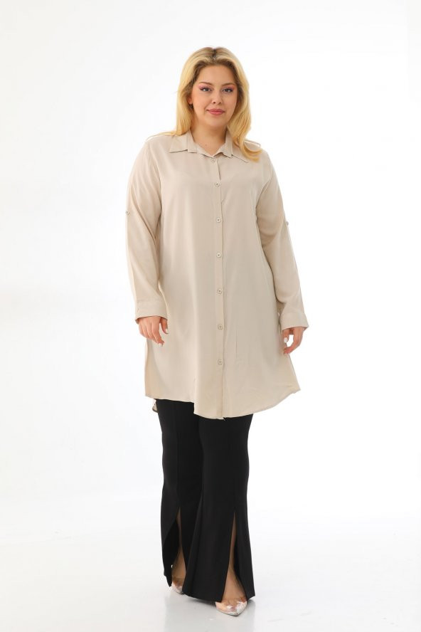 Kadın Büyük Beden Düğmeli Katlamalı Kollu Viskon Tunik Gömlek - 2