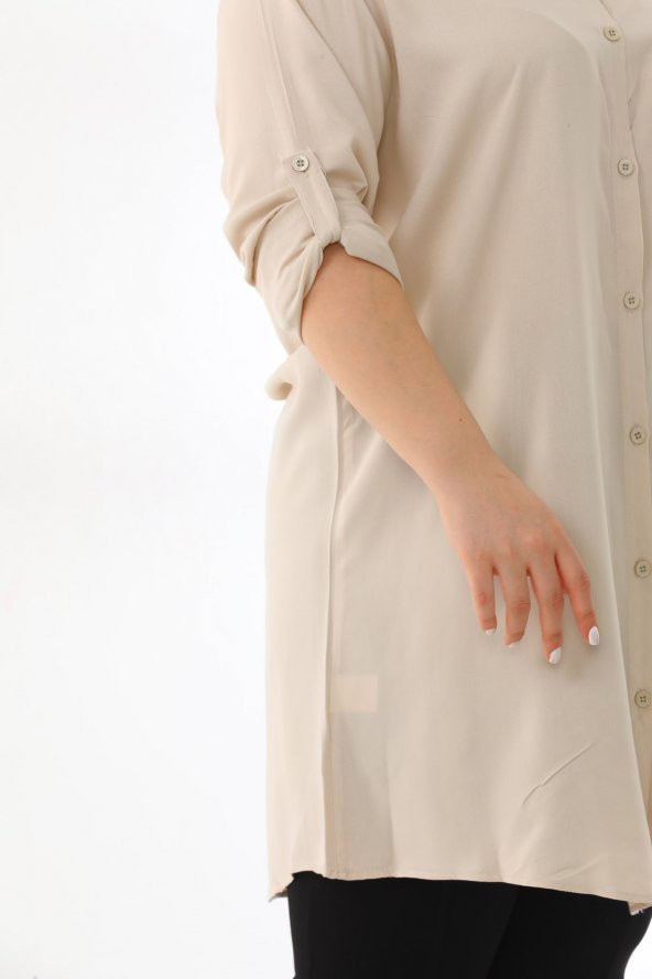 Kadın Büyük Beden Düğmeli Katlamalı Kollu Viskon Tunik Gömlek - 3