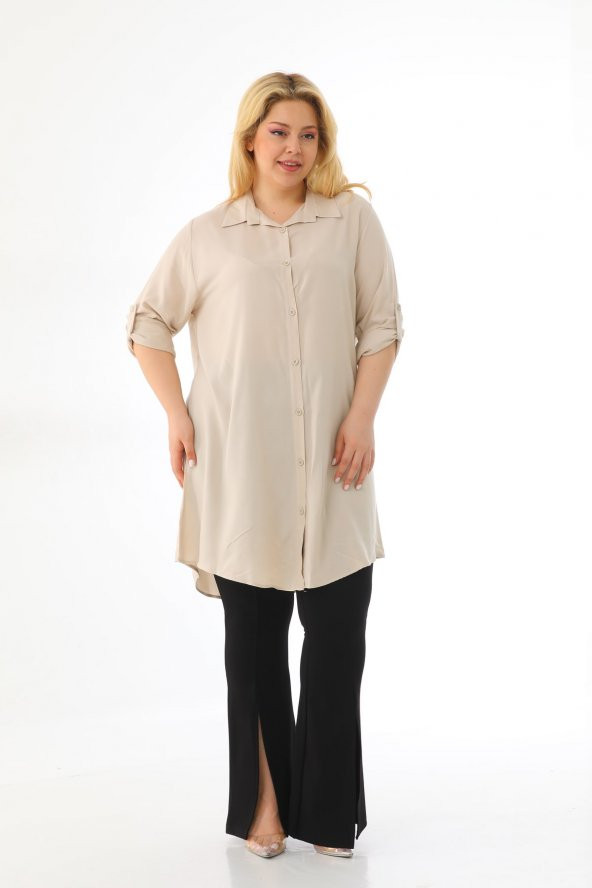 Kadın Büyük Beden Düğmeli Katlamalı Kollu Viskon Tunik Gömlek - 4
