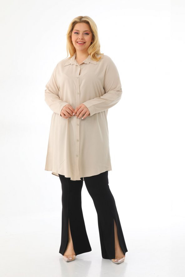 Kadın Büyük Beden Düğmeli Katlamalı Kollu Viskon Tunik Gömlek - 5