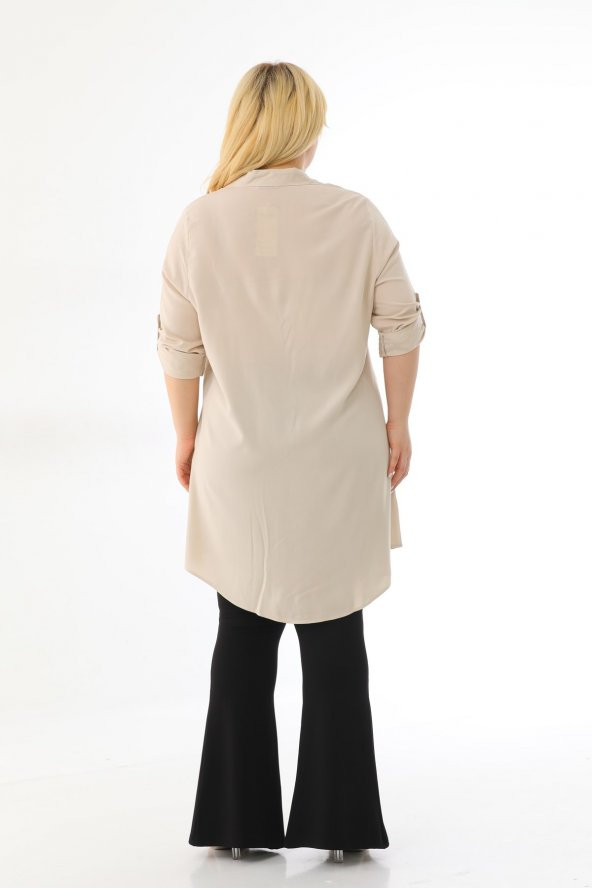 Kadın Büyük Beden Düğmeli Katlamalı Kollu Viskon Tunik Gömlek - 7