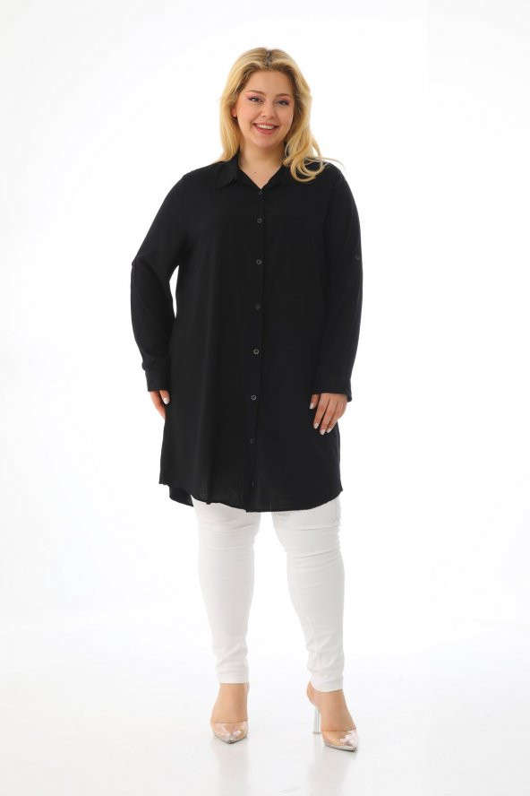 Kadın Büyük Beden Düğmeli Katlamalı Kollu Viskon Tunik Gömlek - 8