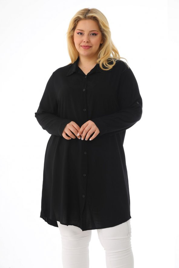 Kadın Büyük Beden Düğmeli Katlamalı Kollu Viskon Tunik Gömlek - 9