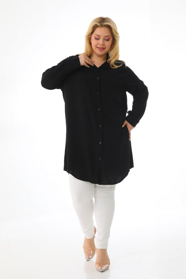 Kadın Büyük Beden Düğmeli Katlamalı Kollu Viskon Tunik Gömlek - 10