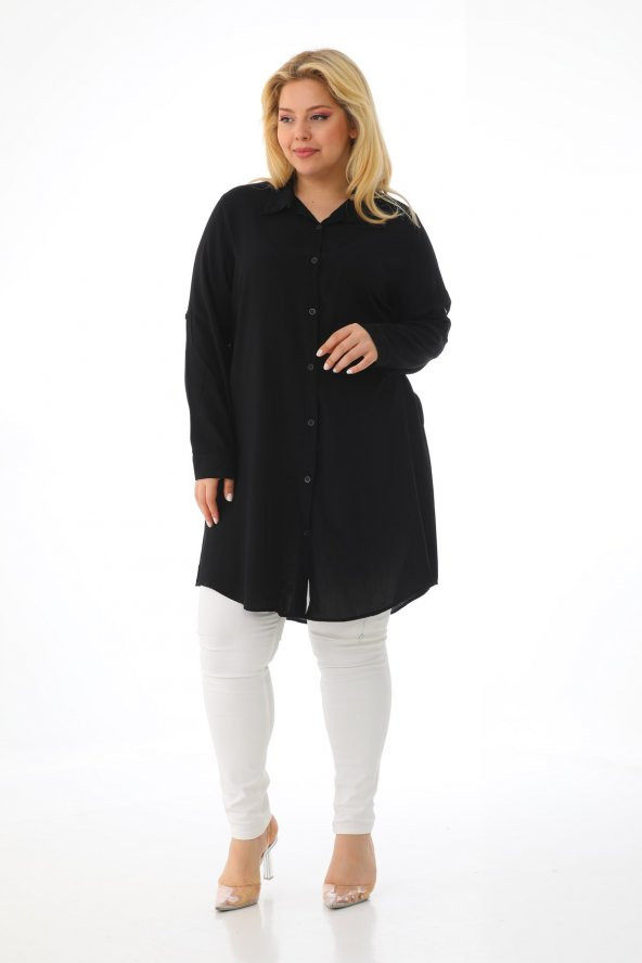 Kadın Büyük Beden Düğmeli Katlamalı Kollu Viskon Tunik Gömlek - 11