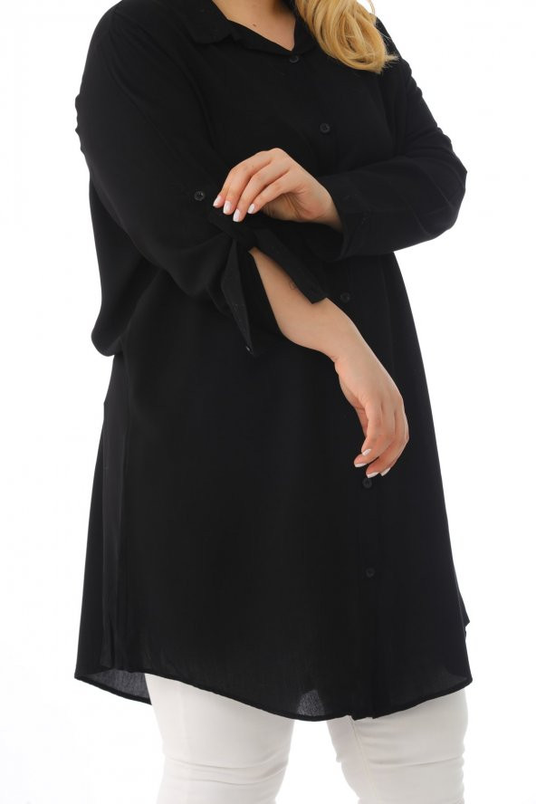 Kadın Büyük Beden Düğmeli Katlamalı Kollu Viskon Tunik Gömlek - 12