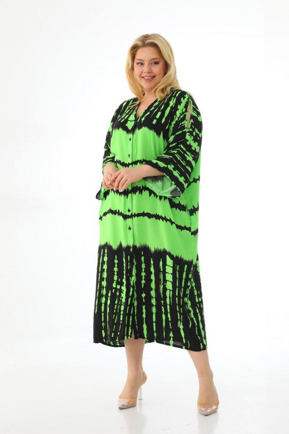 Kadın Büyük Beden Oversize Salaş Yarım Kollu Yazlık Batik Gömlek Elbise - 3