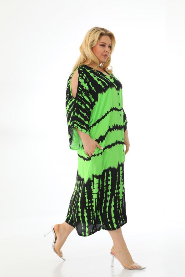 Kadın Büyük Beden Oversize Salaş Yarım Kollu Yazlık Batik Gömlek Elbise - 4