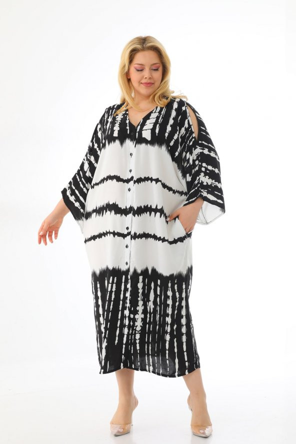 Kadın Büyük Beden Oversize Salaş Yarım Kollu Yazlık Batik Gömlek Elbise - 7