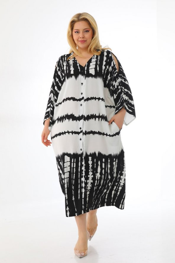 Kadın Büyük Beden Oversize Salaş Yarım Kollu Yazlık Batik Gömlek Elbise - 8