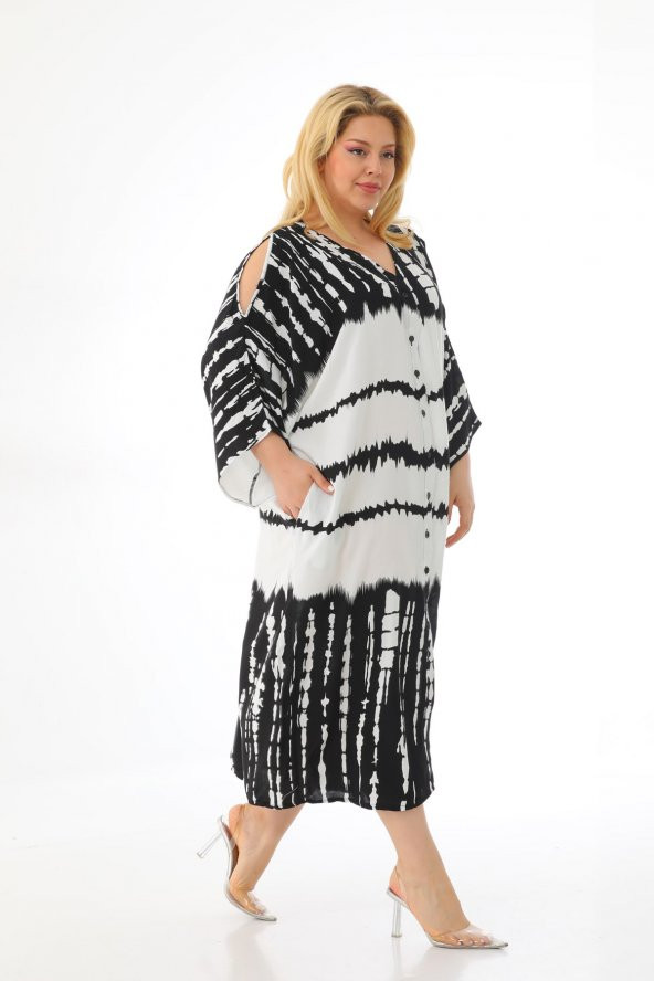 Kadın Büyük Beden Oversize Salaş Yarım Kollu Yazlık Batik Gömlek Elbise - 9