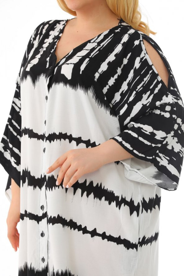 Kadın Büyük Beden Oversize Salaş Yarım Kollu Yazlık Batik Gömlek Elbise - 10