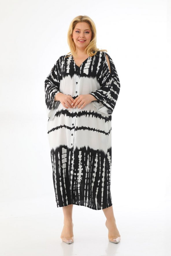 Kadın Büyük Beden Oversize Salaş Yarım Kollu Yazlık Batik Gömlek Elbise - 11