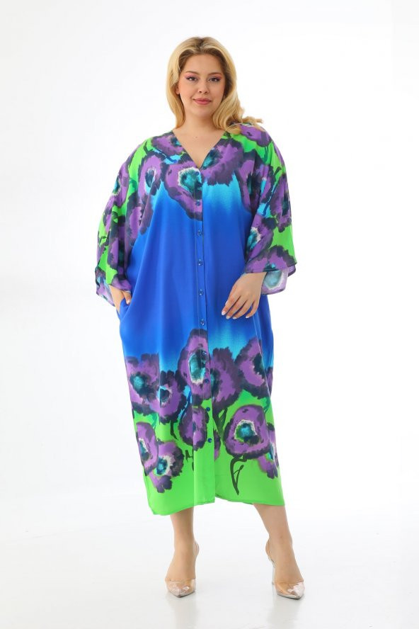 Kadın Büyük Beden Oversize Salaş Yarım Kollu Yazlık Çiçekli Gömlek Elbise