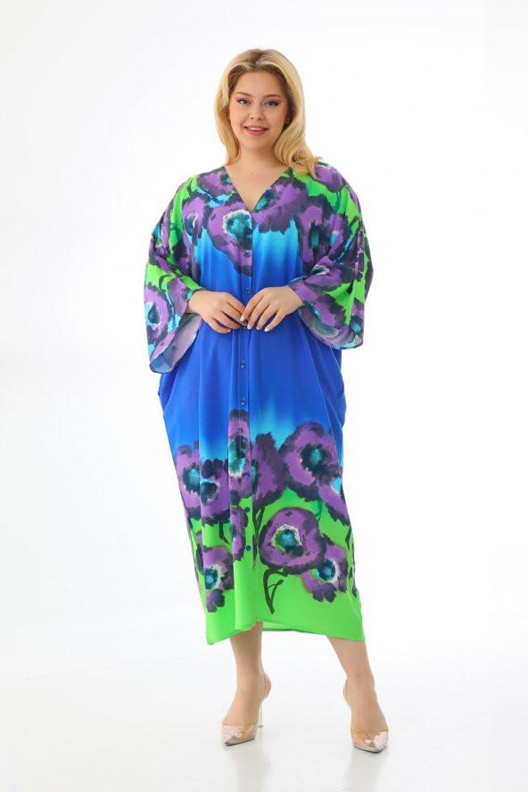 Kadın Büyük Beden Oversize Salaş Yarım Kollu Yazlık Çiçekli Gömlek Elbise - 5