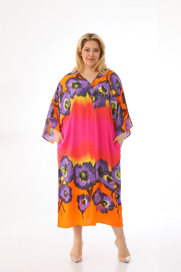 Kadın Büyük Beden Oversize Salaş Yarım Kollu Yazlık Çiçekli Gömlek Elbise - 7
