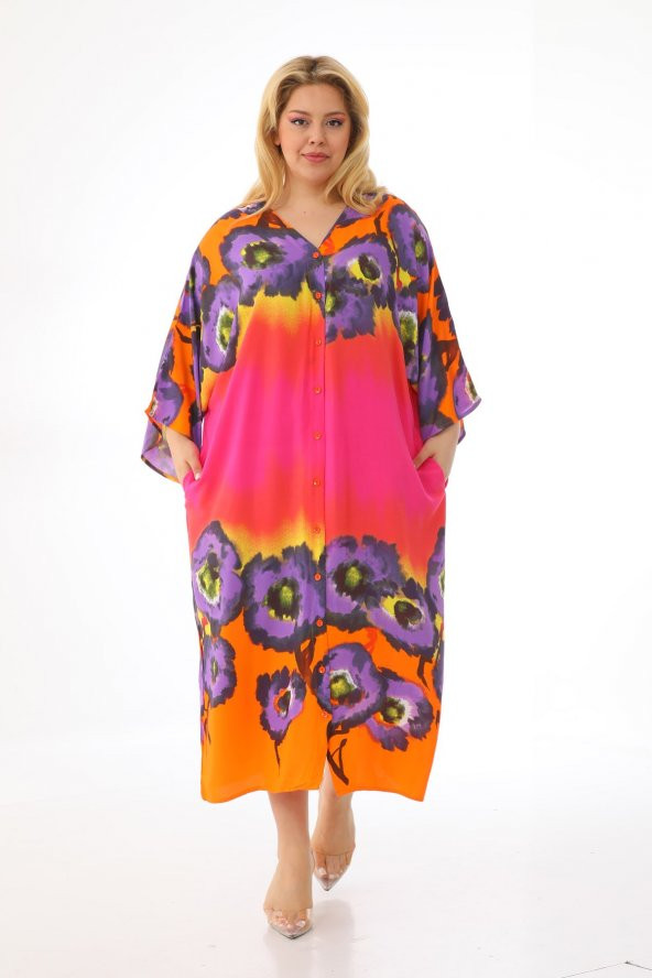 Kadın Büyük Beden Oversize Salaş Yarım Kollu Yazlık Çiçekli Gömlek Elbise - 8