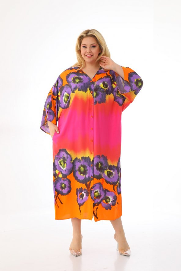 Kadın Büyük Beden Oversize Salaş Yarım Kollu Yazlık Çiçekli Gömlek Elbise - 9