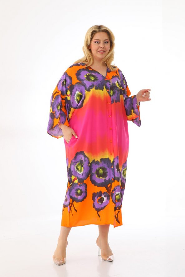 Kadın Büyük Beden Oversize Salaş Yarım Kollu Yazlık Çiçekli Gömlek Elbise - 11