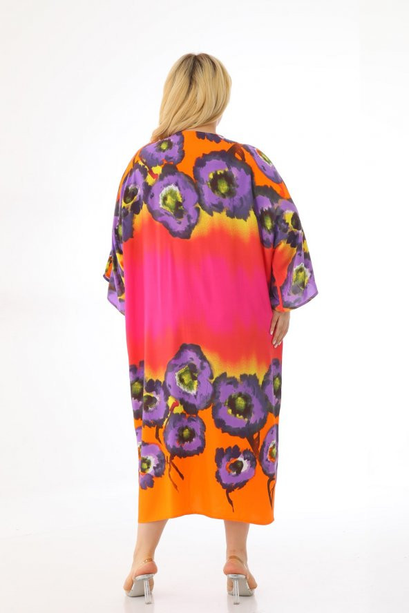 Kadın Büyük Beden Oversize Salaş Yarım Kollu Yazlık Çiçekli Gömlek Elbise - 12