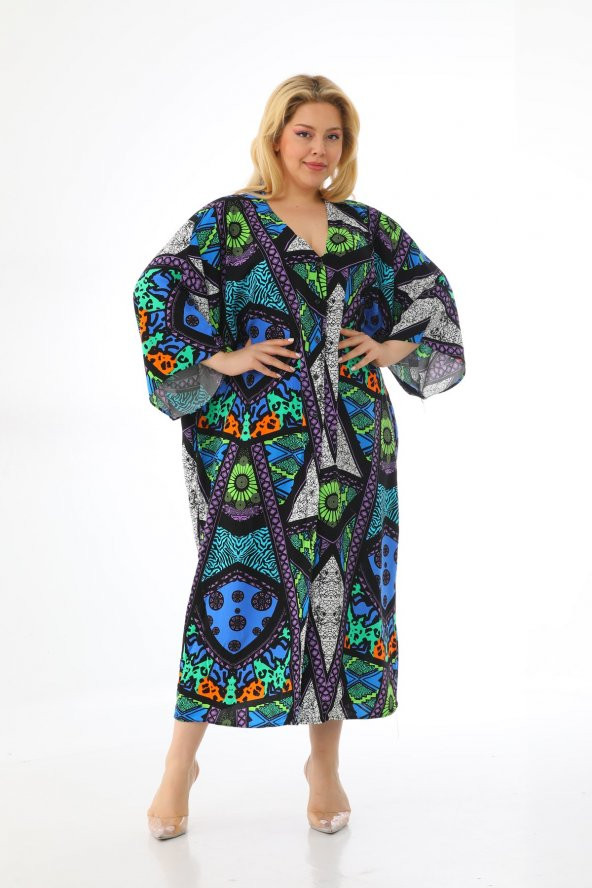 Kadın Büyük Beden Oversize Salaş Yarım Kollu Yazlık Etnik Gömlek Elbise - 8