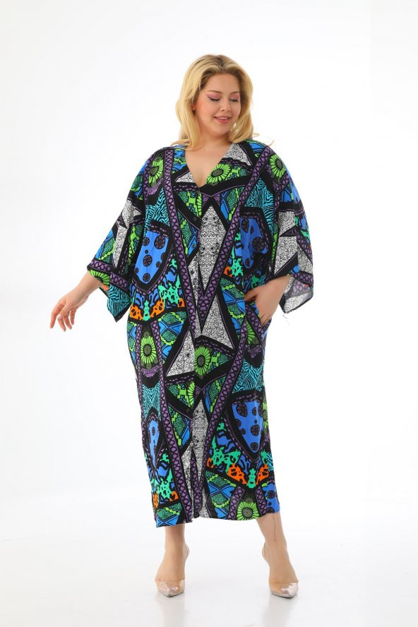 Kadın Büyük Beden Oversize Salaş Yarım Kollu Yazlık Etnik Gömlek Elbise - 11