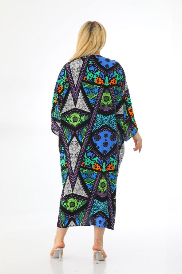 Kadın Büyük Beden Oversize Salaş Yarım Kollu Yazlık Etnik Gömlek Elbise - 12