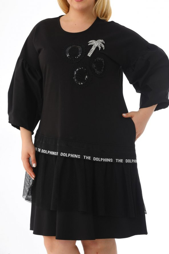 Kadın Büyük Beden Taşlı Payetli File Detaylı Balon Kol Sweat Elbise - 2