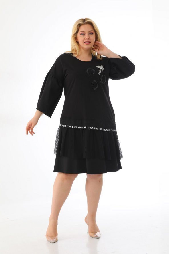 Kadın Büyük Beden Taşlı Payetli File Detaylı Balon Kol Sweat Elbise - 4