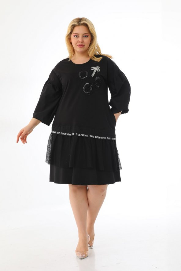 Kadın Büyük Beden Taşlı Payetli File Detaylı Balon Kol Sweat Elbise - 5