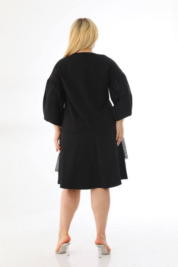 Kadın Büyük Beden Taşlı Payetli File Detaylı Balon Kol Sweat Elbise - 6