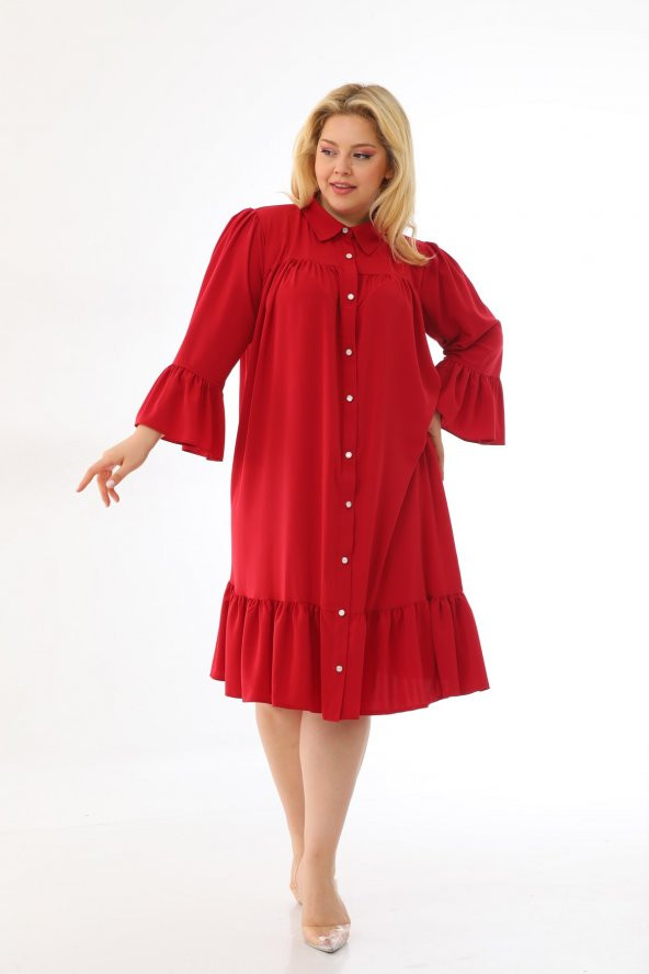 Kadın Büyük Beden Volanlı Düğmeli Diz Boyu Midi Gömlek Elbise - 4