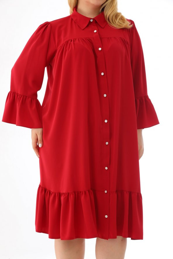 Kadın Büyük Beden Volanlı Düğmeli Diz Boyu Midi Gömlek Elbise - 5