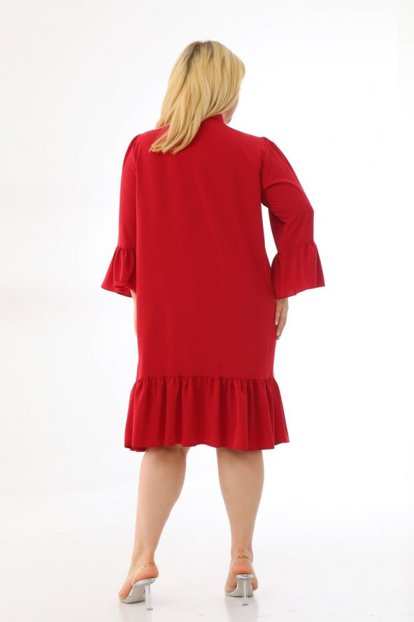 Kadın Büyük Beden Volanlı Düğmeli Diz Boyu Midi Gömlek Elbise - 7