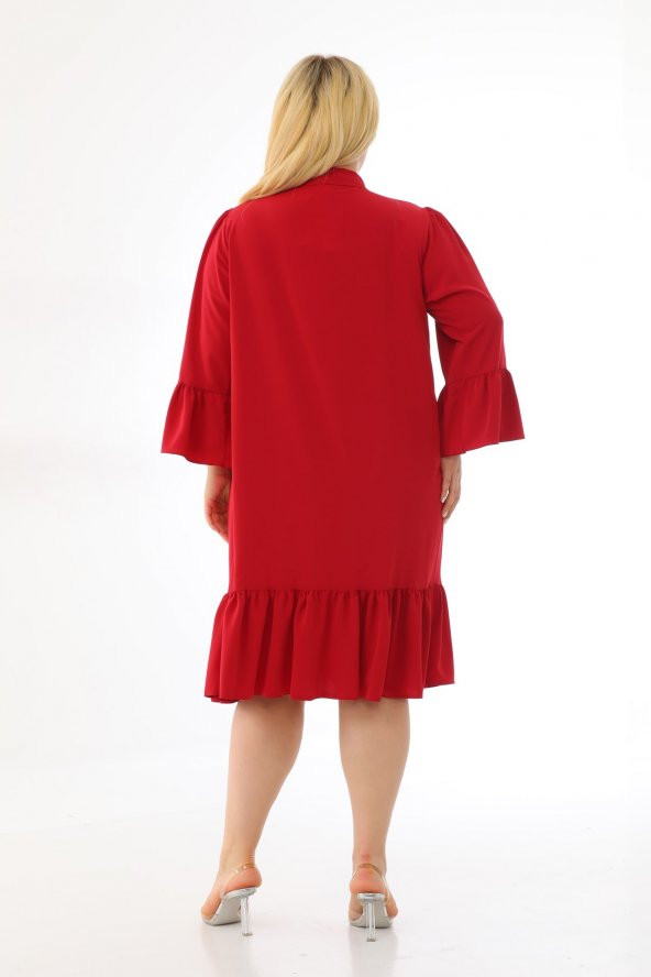 Kadın Büyük Beden Volanlı Düğmeli Diz Boyu Midi Gömlek Elbise - 8