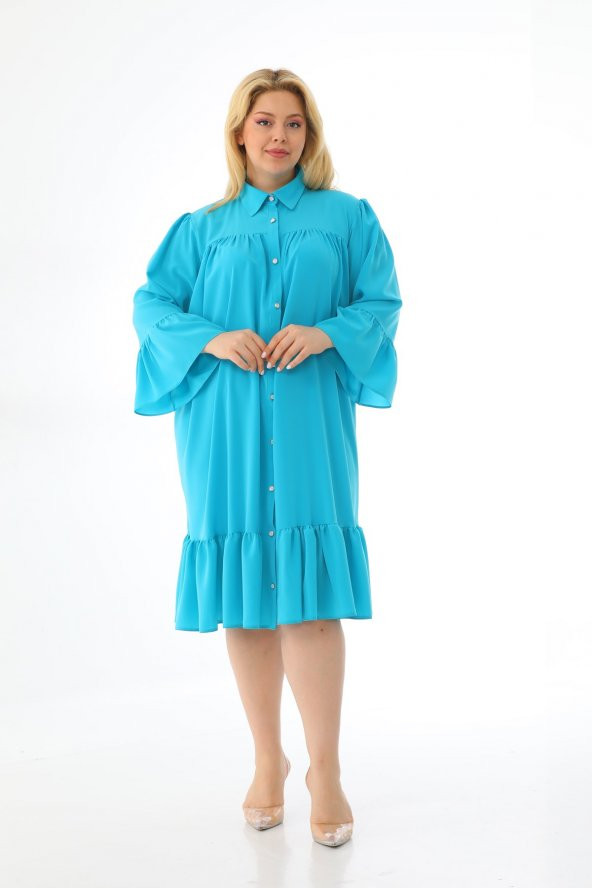 Kadın Büyük Beden Volanlı Düğmeli Diz Boyu Midi Gömlek Elbise - 9