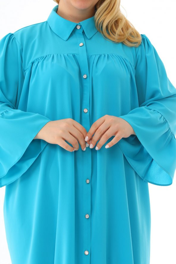 Kadın Büyük Beden Volanlı Düğmeli Diz Boyu Midi Gömlek Elbise - 11