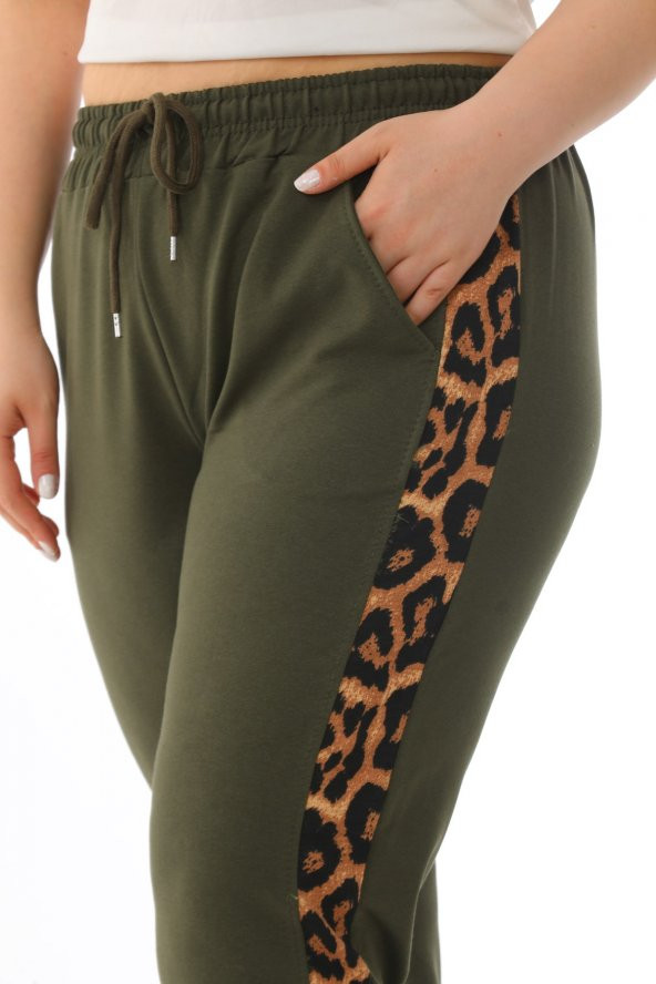 Kadın Büyük Beden Yüksek Bel Leopar Şeritli Eşofman Altı - 7