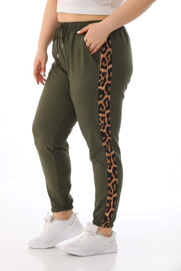 Kadın Büyük Beden Yüksek Bel Leopar Şeritli Eşofman Altı - 9