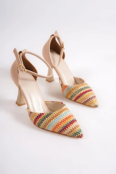 Lopez Karışık Ten Rengi Stiletto Bilekten Bantlı Topuklu Ayakkabı - Resim 4