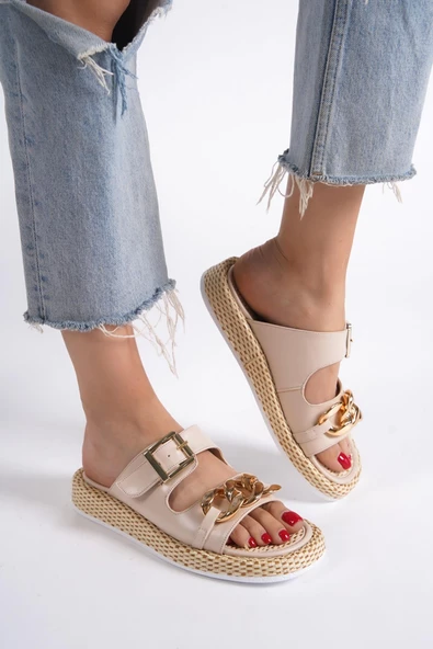 Mambo Zincir Tokalı Ten Rengi Günlük Kadın Hasır Terlik - 3