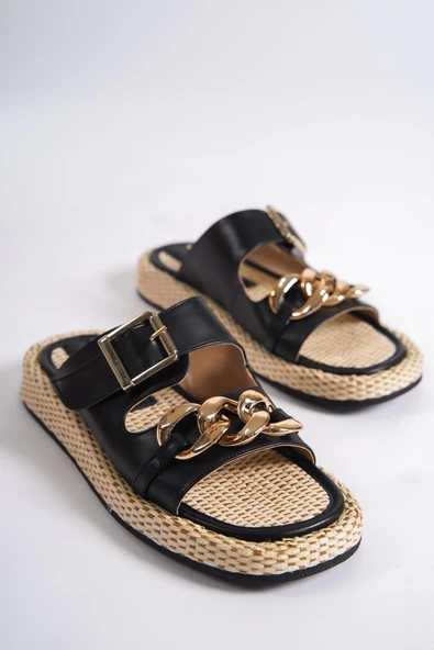 Mambo Zincir Tokalı Siyah Günlük Kadın Hasır Terlik - 4