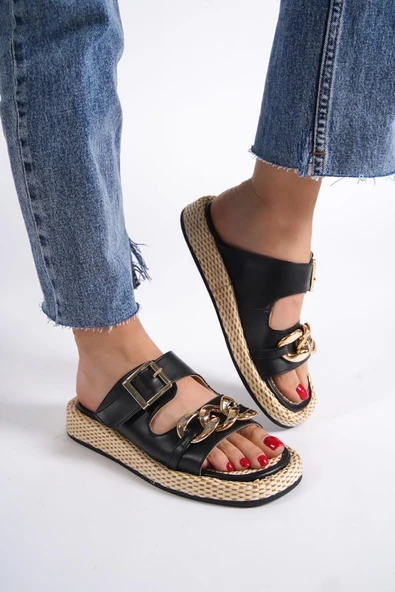 Mambo Zincir Tokalı Siyah Günlük Kadın Hasır Terlik - 3